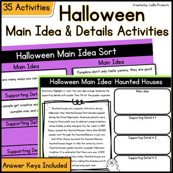 Preview of Halloween Reading Passages, Main Idea & Supporting Details Sort Activities