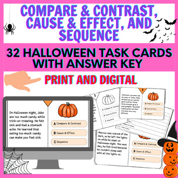 Preview of Halloween Reading Task Cards-Compare & Contrast, Cause & Effect, and Sequence