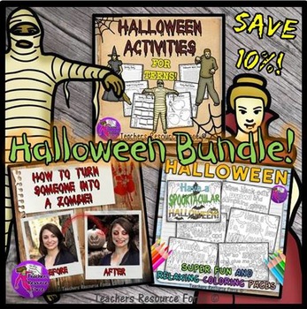 Preview of Halloween Activities, Zombie Tutorial and Coloring Pages for Teens - Bundle