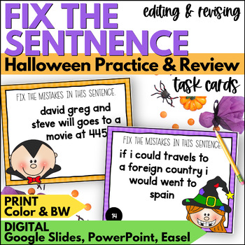 Preview of Halloween Revising & Editing Task Cards - Sentence Editing Practice for Grammar