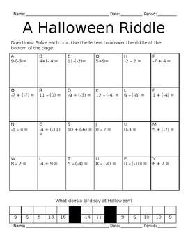 Preview of Halloween Riddle - Adding and Subtracting Integers