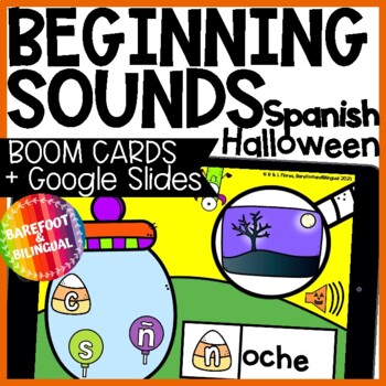 Preview of Halloween SPANISH Beginning Sounds Boom Cards & Google Slides -  Letter Sounds