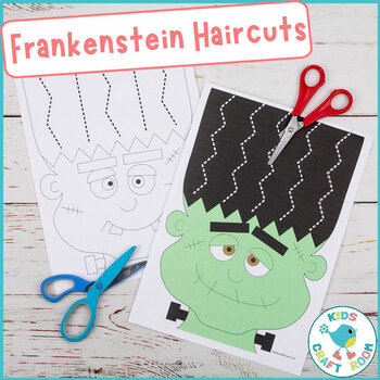 Preview of Halloween Scissor Skills Haircut Activity - Cutting Practice, Frankenstein Craft