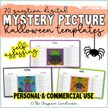 Preview of Halloween Self Assessing Mystery Picture Templates Google Sheets Digital