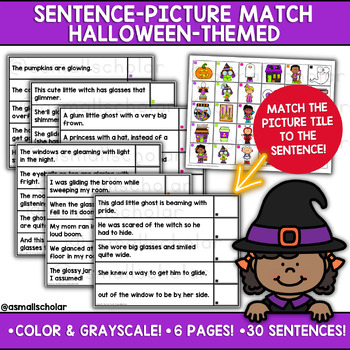 Preview of Halloween Sentence Picture Match. Initial blends. Rhyming Reading Fluency.