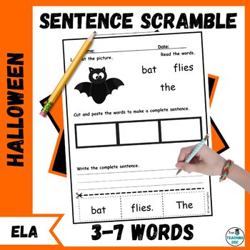 Preview of Halloween Sentence Scramble Worksheets 3 - 7 Word Sentences with Flash Cards