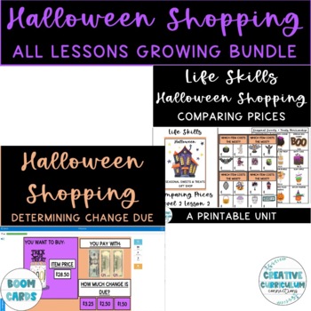 Preview of Halloween Shopping Menu Functional Math ALL LESSONS GROWING BUNDLE