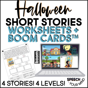 Preview of Halloween Short Stories Boom Cards™ + Worksheets BUNDLE | Halloween Passages