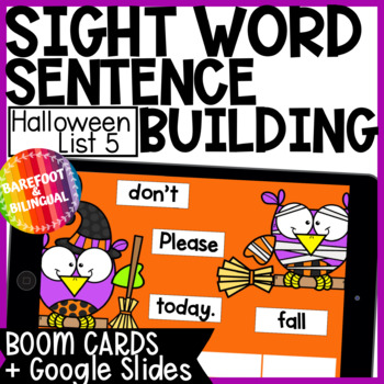 Preview of Halloween Sight Words Sentence Building - List 5 - Halloween Boom Cards