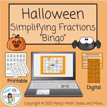 Preview of Halloween Simplifying Fractions Bingo Game - Digital and Printable
