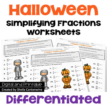 Preview of Halloween Simplifying Fractions Worksheets - Differentiated