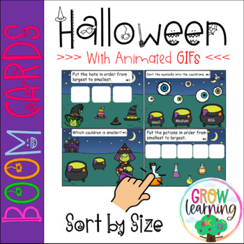 Halloween Size Sorting Ordering BOOM Cards™️ Pre-K Math Centers - with GIFs