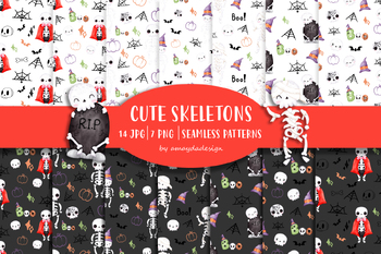 Preview of Halloween Skeletons Seamless Pattern, Halloween Background, Cute Skeletons