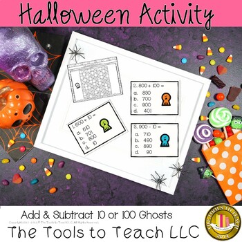 Preview of Halloween Ghosts Add or Subtract 10 or 100 Task Cards No Prep