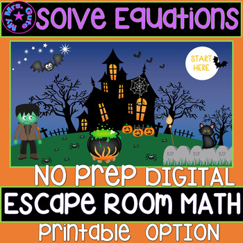 Preview of Halloween Solve Equations Digital Escape Room or Low Prep Task Cards