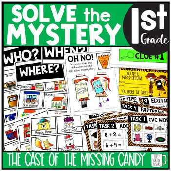 Preview of Halloween Solve the Mystery Math & ELA Task Card Activity 1st Grade | Google