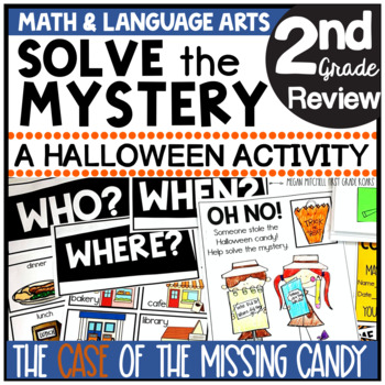 Preview of Halloween Solve the Mystery Math & ELA Task Card Activity 2nd Grade
