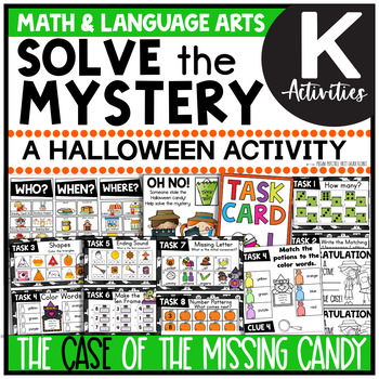 Preview of Halloween Solve the Mystery Math & ELA Task Card Activity Kindergarten