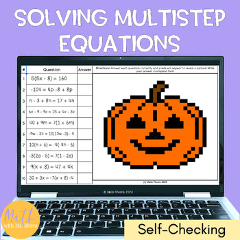 Preview of Halloween Solving Multi Step Equations Pixel Art Digital Activity for Algebra 1