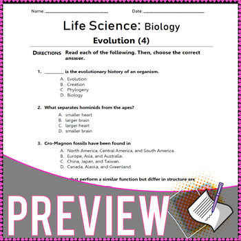 life science evolution 80 questions 4 worksheets grade 7 tpt