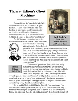 Preview of Halloween: Did You Know Edison Patented a Ghost Machine?  1 pg lit article w Q's