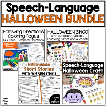 Preview of Halloween Speech Therapy Activities - Following Directions, BINGO, Craft & WH Qs