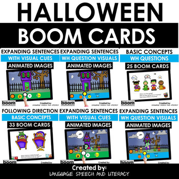 Preview of Halloween Speech Therapy Activities, Halloween Boom Cards, WH Questions