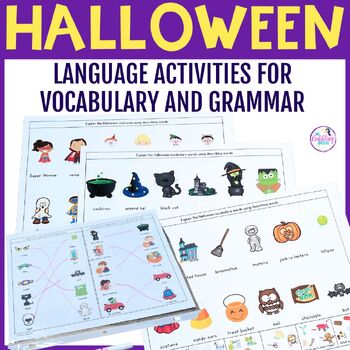 Preview of Halloween Speech Therapy Activities for Verbs, Syntax, Wh-Questions & Vocabulary