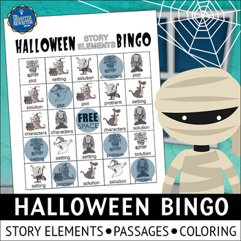 Preview of Halloween Story Elements Bingo Game Reading Passages and Coloring Pages