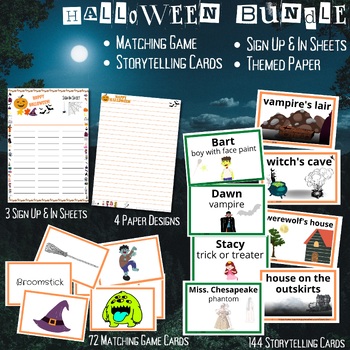Preview of Halloween Storytelling Cards, Memory Game, Paper and Sign Up Sheets!