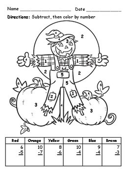 Halloween Subtraction Problems Color By Number Integers 10-1 Math ...