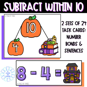 Preview of Halloween Subtraction Task Cards - Subtract within 10 Task Cards