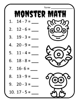 Halloween Subtraction Within 20 Halloween Subtraction 1-20 Monster Math  Subtract