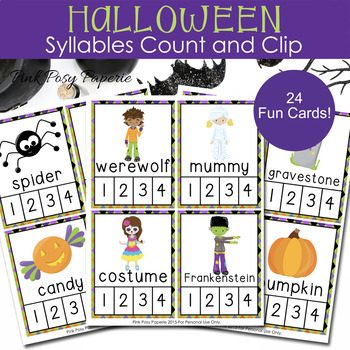 Preview of Halloween Syllables Count and Clip Cards - Literacy Center