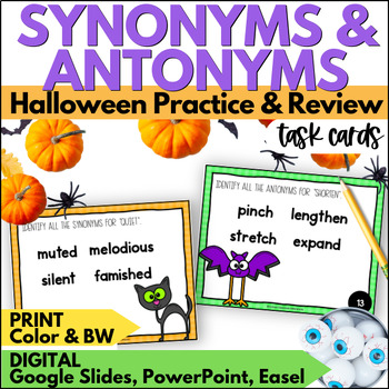 Preview of Halloween Synonyms & Antonyms Task Cards - October Vocabulary Practice & Review