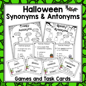 Preview of Halloween Synonyms and Antonyms Task Cards and Games