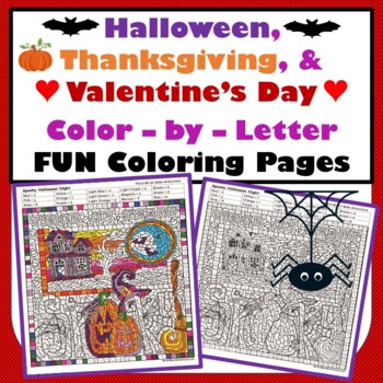 Preview of Halloween, Thanksgiving, & Valentine's Day Color-by-Letter Picture Puzzles