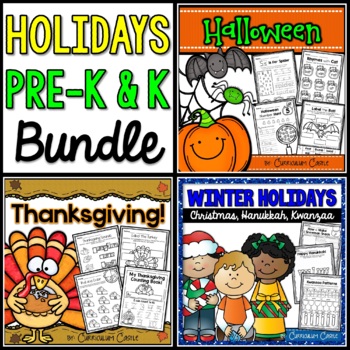 Preview of Halloween, Thanksgiving, Winter Holidays PreK & K BUNDLE