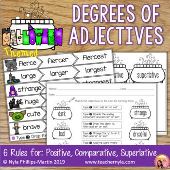 Preview of Halloween Themed Degrees of Adjectives - Tables, Activities and Worksheets