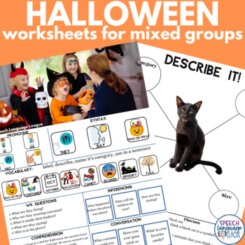 Preview of Halloween Themed No Prep Worksheets for Speech Therapy Mixed Groups