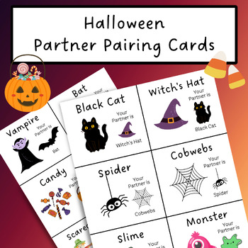 Preview of Halloween Themed Partner Pairing Cards, Group Pairing and Matching Cards