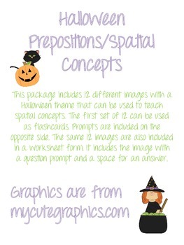 Preview of Halloween Themed Spatial Concept/Preposition Flash Cards and Worksheets