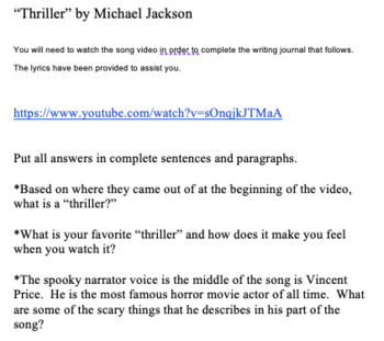 Preview of Halloween "Thriller" song journal writing prompt