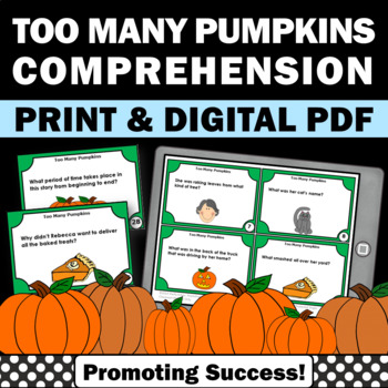 Preview of 2nd 3rd Grade Halloween Reading Comprehension Activities Too Many Pumpkins Book