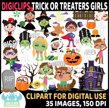 Preview of Halloween Trick Or Treaters Girls DigiClips, Movable Digital Pieces