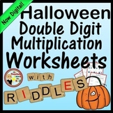 Halloween Two Digit Multiplication Worksheets with Riddles