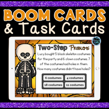 Preview of Halloween Two-Step Word Problems Digital Boom Cards and Task Cards Bundle