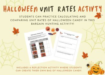 Preview of Halloween Unit Rates Bargain Hunting Activity Game, Reflection Sheet | Comparing
