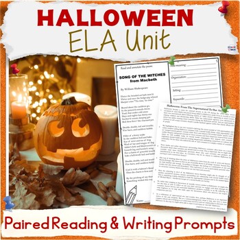 Preview of Halloween Unit - Thrill of Horror ELA Paired Reading Activities, Writing Prompts