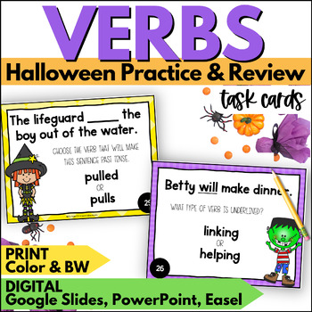 Preview of Halloween Verb Task Cards Activities for October - Verb Tense, Type & Verb Usage